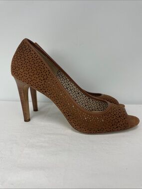Tory Burch Tan Laser-Cut Peep-Toe Pumps, Size 8.5